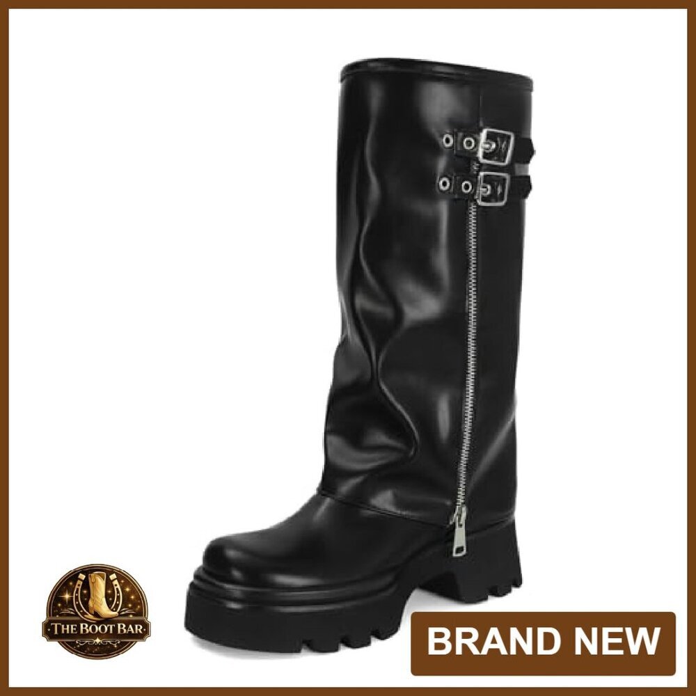 Platform Slouchy Boots Wide Calf Fold Over Ruched Round Toe Riding - Picture 2 of 7
